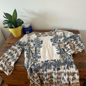 Free People Cream and Blue Floral Blouse